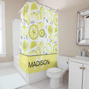 Rideaux De Douche Cute Citron frais Citrus Doodle Yellow Monogramme