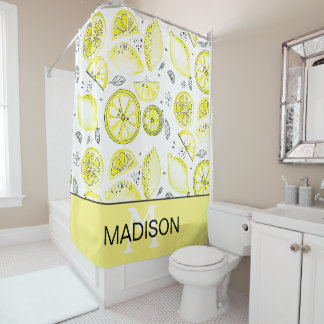 Rideaux De Douche Cute Citron frais Citrus Doodle Yellow Monogramme