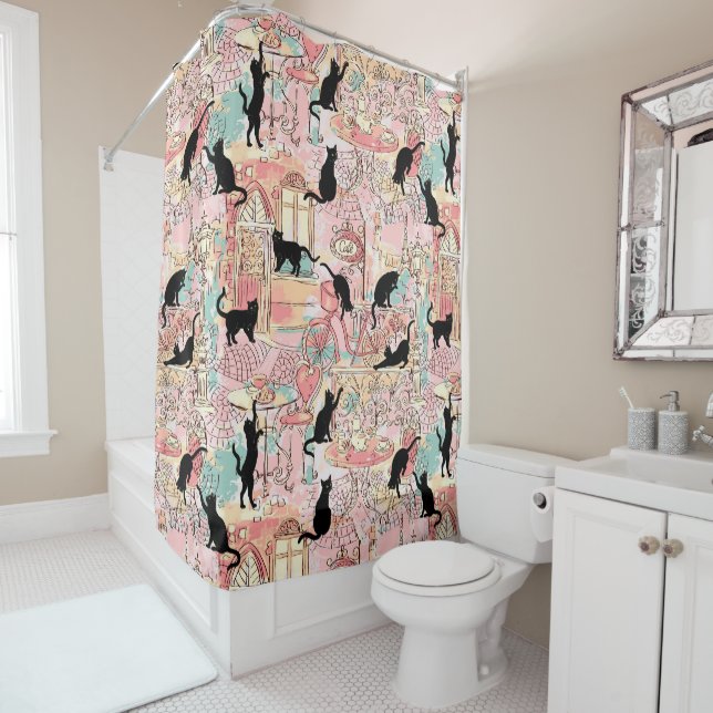 Rideaux De Douche Cute Moderne Aquarelle Paris Café Motif Chat (En situation)