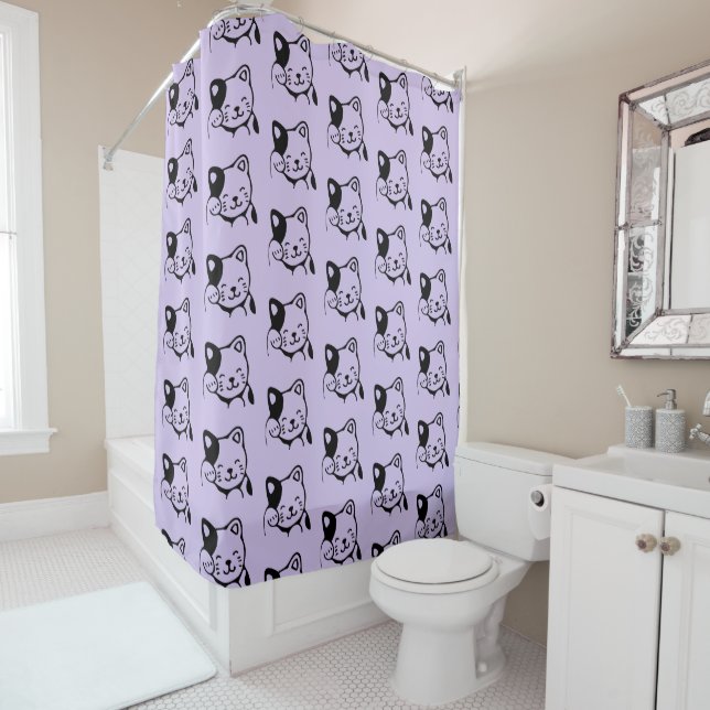 Rideaux De Douche Cute noir et blanc Kitty Chat Waving Bonjour (En situation)