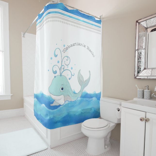 Rideaux De Douche Cute Nursery Petit Garçon Nom Baleine Polka Dot Wa (En situation)