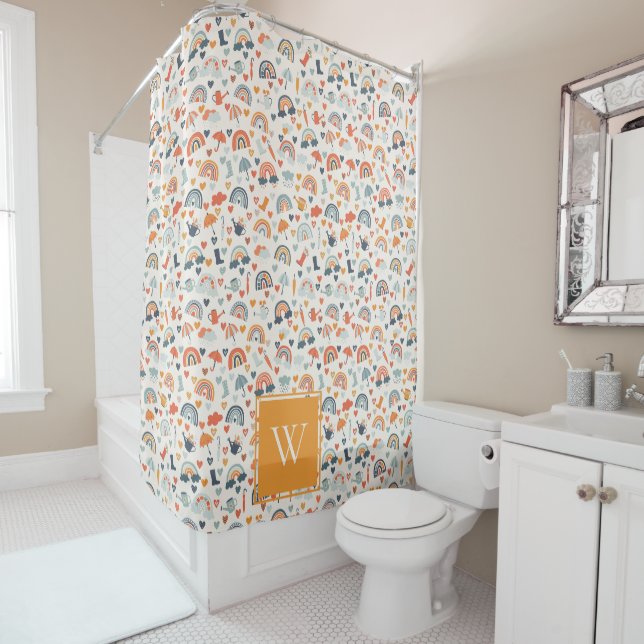Rideaux De Douche Cute Orange Blue Spring Rainbow Clouds Motif (En situation)
