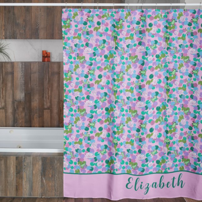 Rideaux De Douche Cute Pink and Green Frogs Nom personnalisé Fille (Créateur téléchargé)