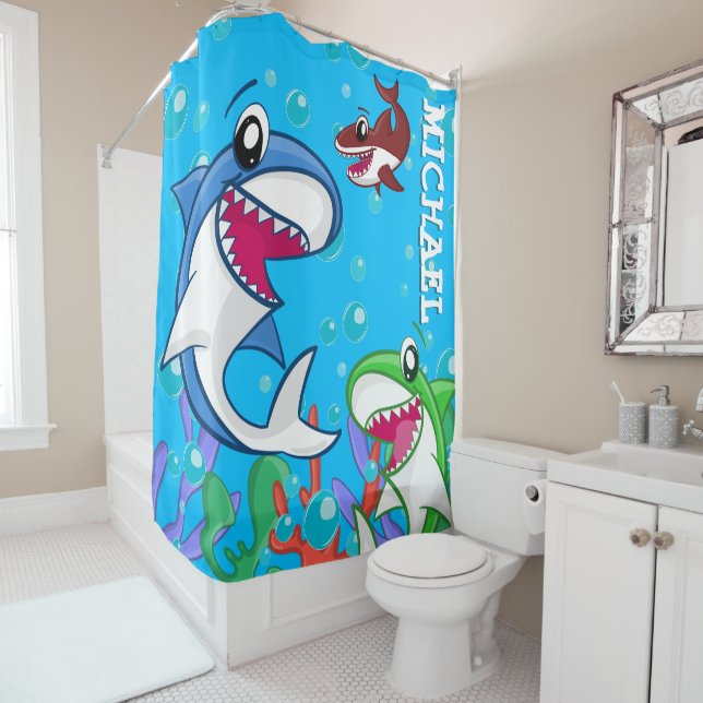 Rideaux De Douche Cute Shark Sea Life Ocean Blue Personnalisable Enf (En situation)