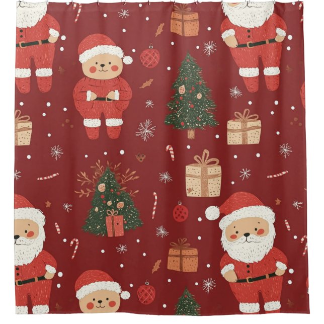 Rideaux De Douche Cute Teddy Bear & Santa on Red (2) (Devant)