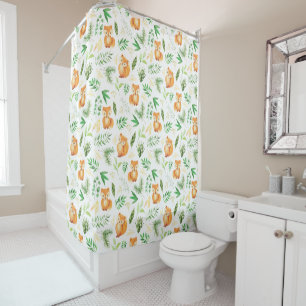 Rideaux De Douche Cute Whimsical Aquarelle Fox Feuilles verts