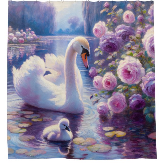 Rideaux De Douche Cygnet blanc avec Roses violets (Devant)