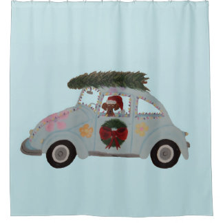 Rideaux De Douche Dachshund dans une voiture hippie à Noël