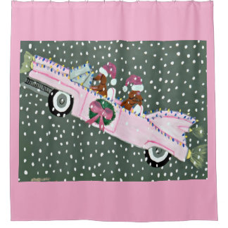 Rideaux De Douche Dachshunds à Noël dans une décapotable rose