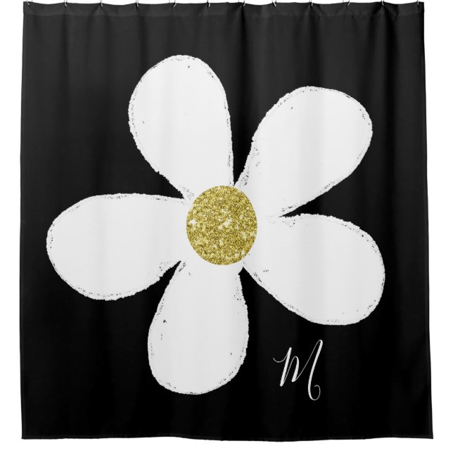 Rideaux De Douche Daisy Black Blanc Simple Floral Or Personnel (Devant)
