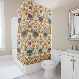 Rideaux De Douche Damassé floral vintage en turquoise et burgundy