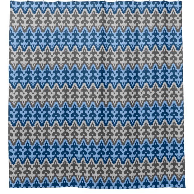Rideaux De Douche Damassé Ikat marocain, bleu et gris (Devant)