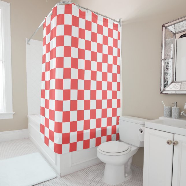 Rideaux De Douche Damier rouge corail classique (En situation)