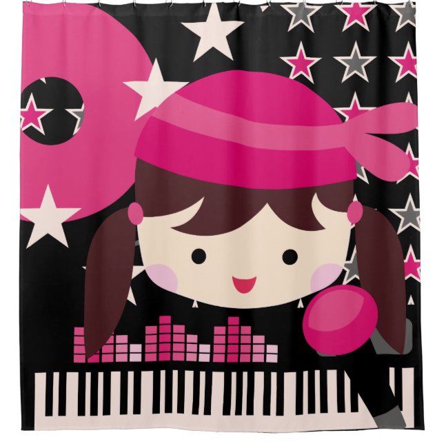 Rideaux De Douche Dark Haired Girl Rock Star Music Karaoke (Devant)
