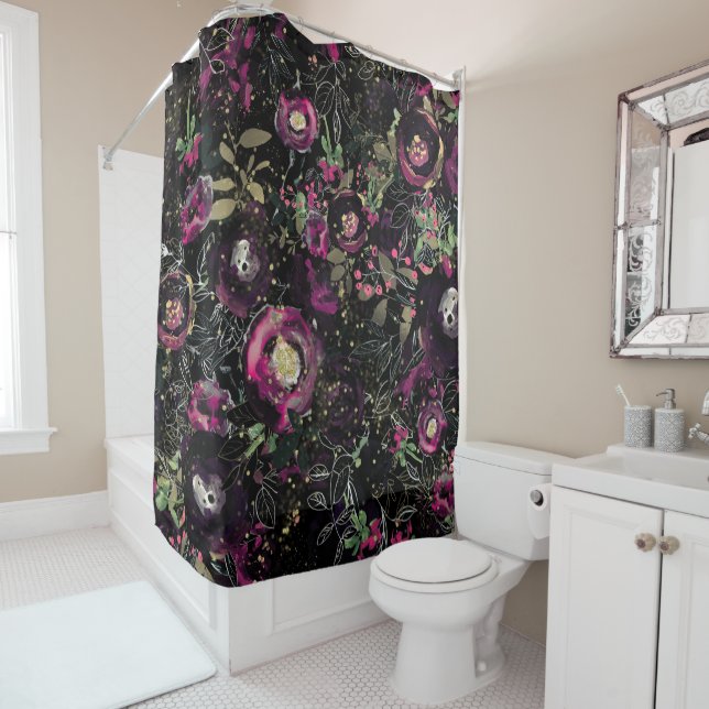 Rideaux De Douche Dark Moody Berry Plum Étincelle Florale Moderne (En situation)