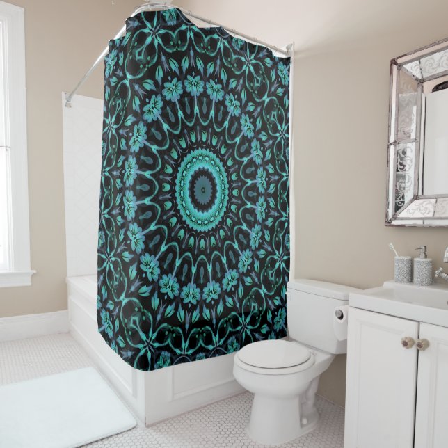 Rideaux De Douche Dark Teal Floral Noir Mandala (En situation)
