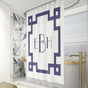 Rideaux De Douche Décor Monogramme Blanc Marine Bleu Clé grecque Bor