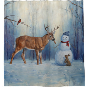 Rideaux De Douche Deer et Happy Snowman hiver de vacances scène