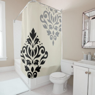Rideaux De Douche Défiler Damask Art I Black Grey Crème