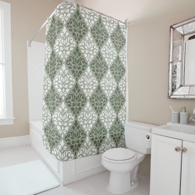 Rideaux De Douche Défiler Damask Grand Motif Vert Blanc Vert Vert Ve (En situation)
