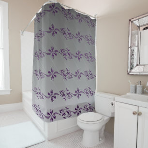 Rideaux De Douche Dégradé gris motif floral à rayures violettes et f