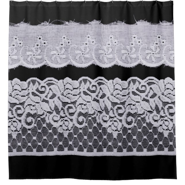 Rideaux De Douche Dentelle blanche ornementale, arrière - plan noir  (Devant)