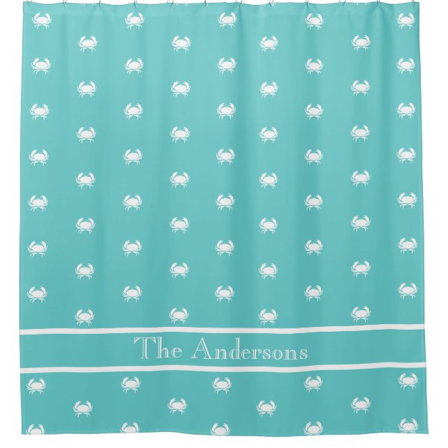 Rideaux De Douche Design nautique avec crabe blanc sur montre bleue  (Devant)