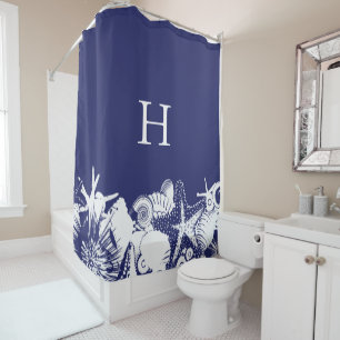 Rideaux De Douche Design Navy Blue & White Artsy Seashells Beach