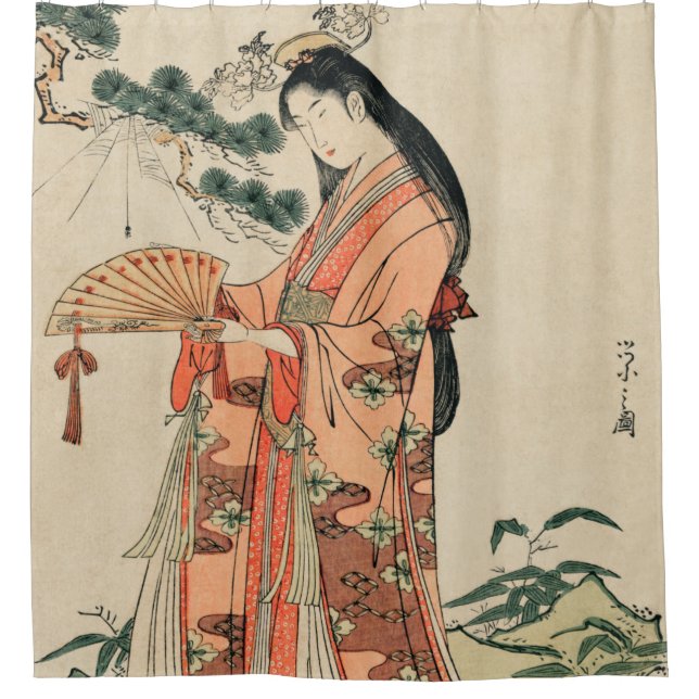 Rideaux De Douche Dessin de bois japonais antique avec une femme (Devant)
