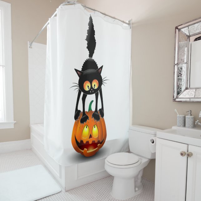 Rideaux De Douche Dessin d'Halloween au chat effrayé sur Citrouille (En situation)