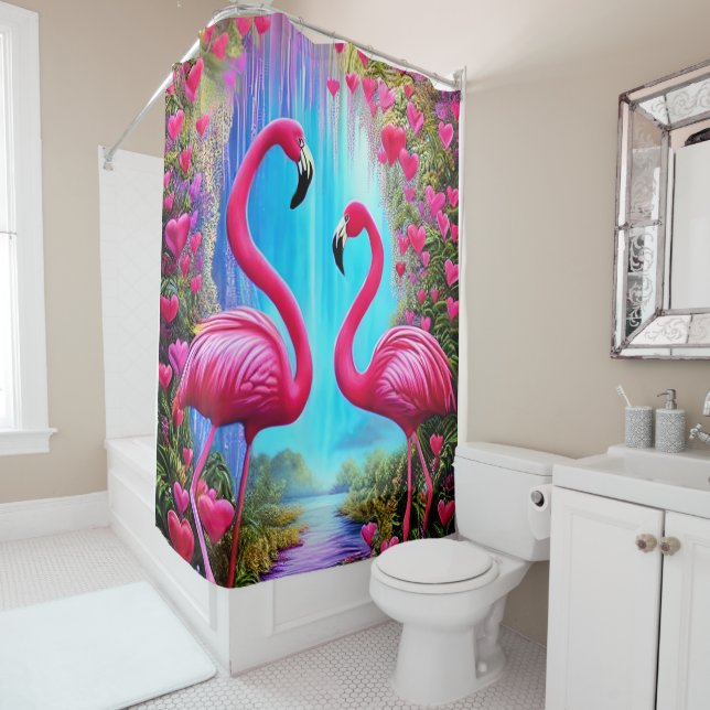 Rideaux De Douche Deux beaux Flamants roses roses en Love Graphic (En situation)