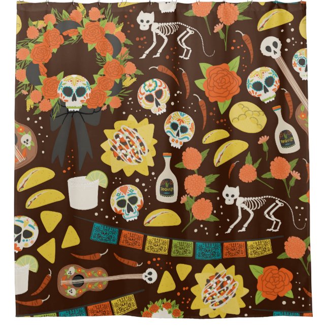 Rideaux De Douche Dia De Los Muertos, motif de dessins animés. (Devant)