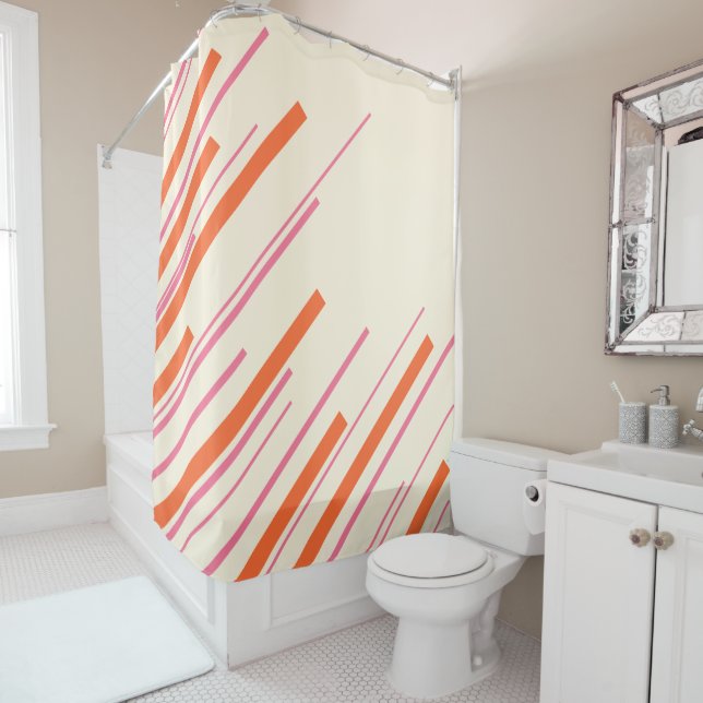 Rideaux De Douche Diagonales - rose, orange et crème (En situation)