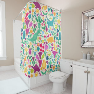 Rideaux De Douche Dinosaure Floral Folk Silhouettes Belles Filles