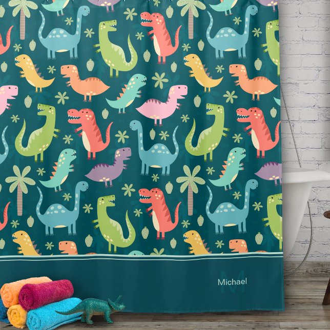 Rideaux De Douche Dinosaure Motif Bleu Monogramme Enfant Salle de ba (Créateur téléchargé)