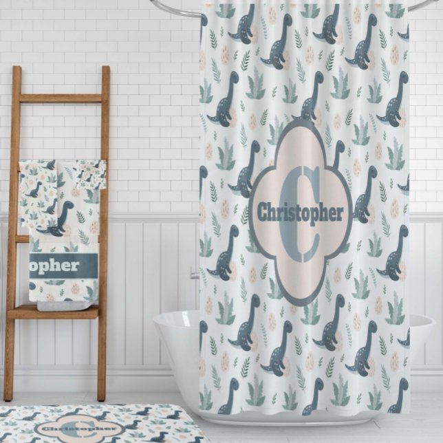 Rideaux De Douche Dinosaure Vert Bleu mignon avec Feuillage et Oeufs (Créateur téléchargé)