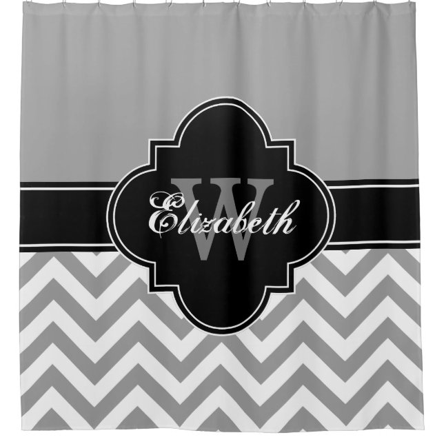 Rideaux De Douche Dk Grey Wht LG Chevron Black 1ICBR Nom Monogramme (Devant)