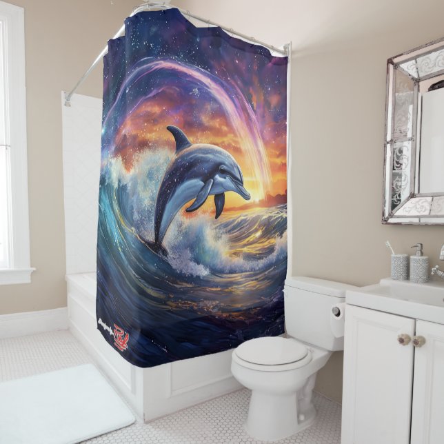 Rideaux De Douche Dolphin Surfs Galaxy Design par Rich AMeN Gill (En situation)
