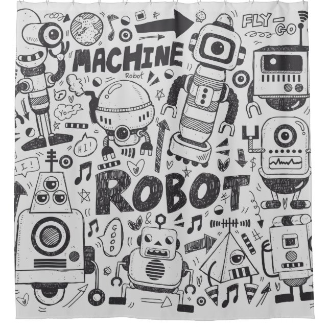 Rideaux De Douche doodle robot element, illustrator line tools drawi (Devant)