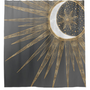 Rideaux De Douche Doodles d'or élégants Sun Moon Mandala Design