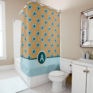 Rideaux De Douche Dots de tournesol bleu orange floral Motif Monogra