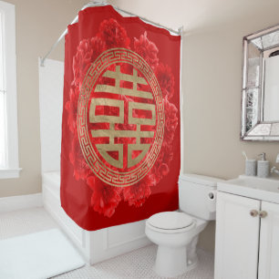 Rideaux De Douche Double symbole de bonheur sur les pivoines rouges