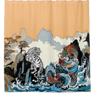 Rideaux De Douche Dragon et Tigre Blanc. Illustration par Insima