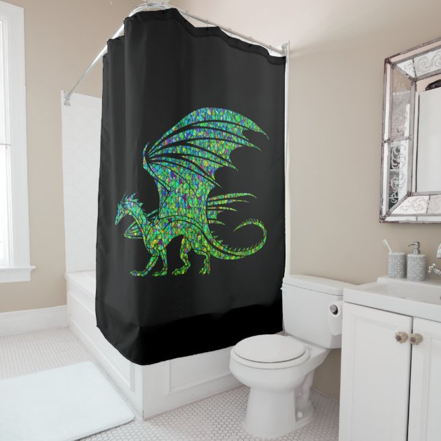 Rideaux De Douche Dragon Extraordinaire en mosaïque verte sur noir (En situation)