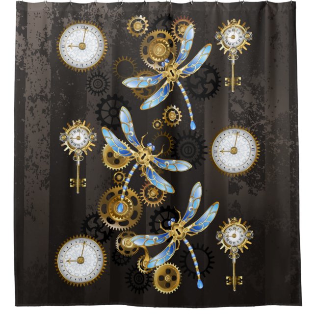 Rideaux De Douche Dragonflies de Steampunk sur arrière - plan rayé b (Devant)