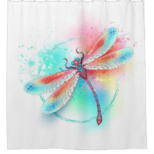 Rideaux De Douche Dragonfly rouge sur l'arrière - plan aquarelle