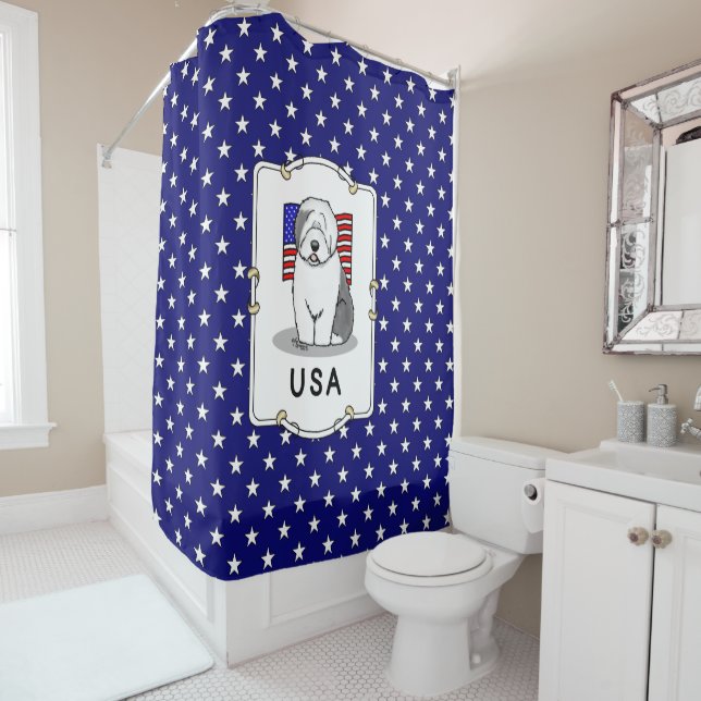 Rideaux De Douche Drapeau américain Vieux chien anglais (Grey 1) (En situation)
