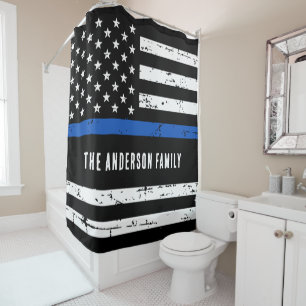 Rideaux De Douche Drapeau de police personnalisé de ligne bleue minc