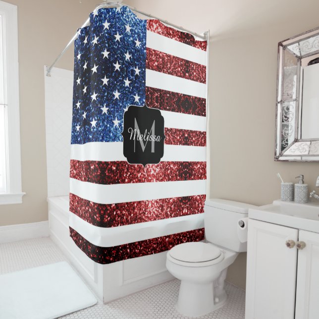 Rideaux De Douche Drapeau rouge bleu étincelante parties scintillant (En situation)