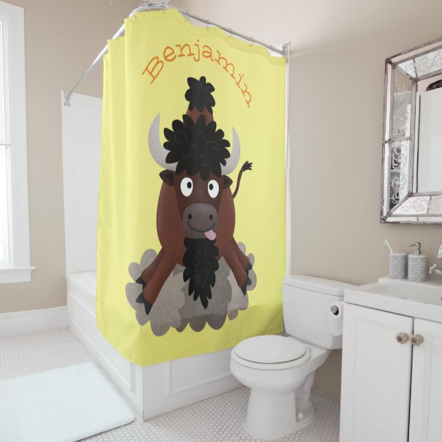 Rideaux De Douche Drôle dessin animé de bison de buffle (En situation)